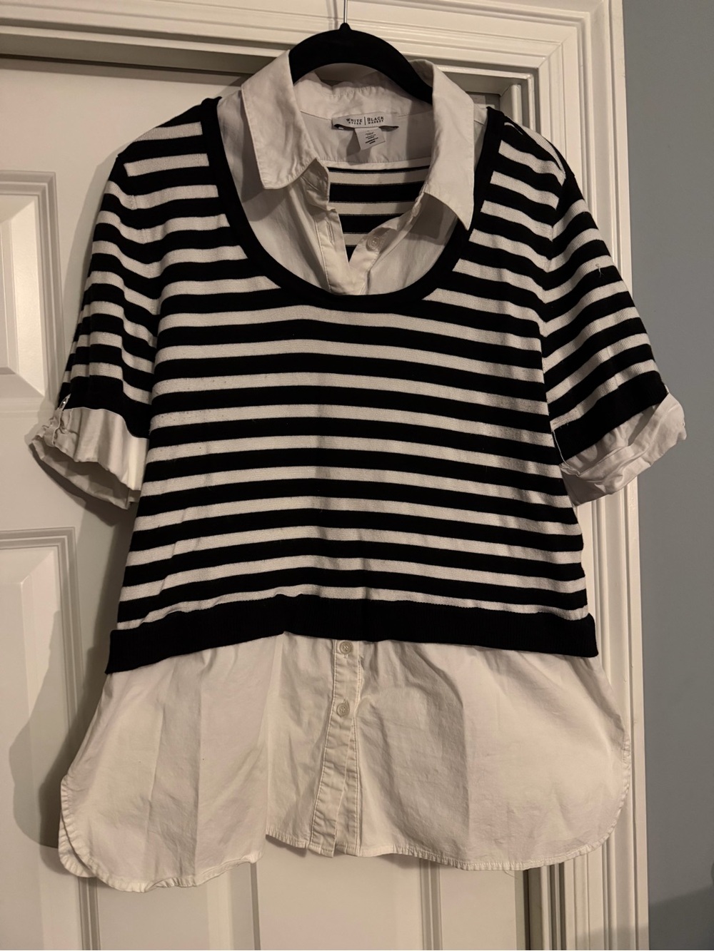 White House Black Market Black & White Striped Layered Shirt Top